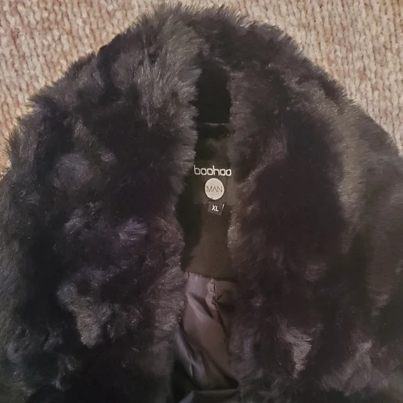 boohooMAN Double Breasted Wool Overcoat With Faux Fur Trim In Black